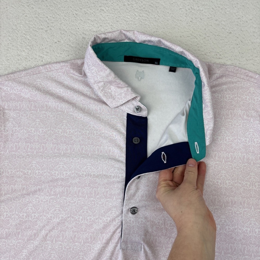 GREYSON Mens Performance‎ Polo Shirt XL Pink AOP Lightweight Golf No Logos EUC - Picture 10 of 15